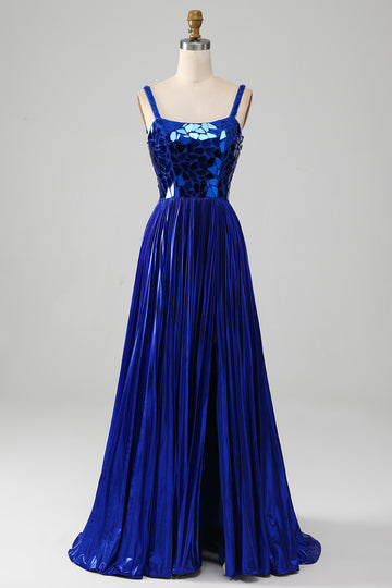Sparkly Royal Blue Lace-Up Back Ball Dress with Slit